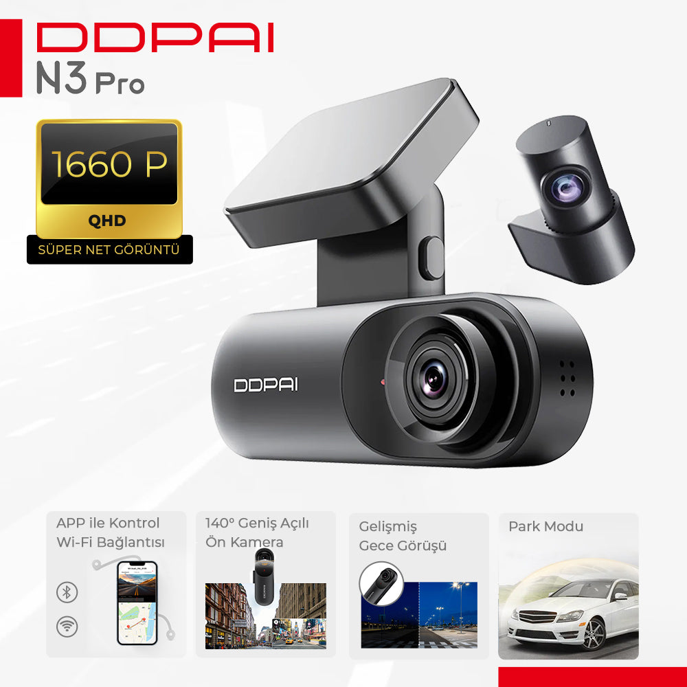 DDPAI Mola N3 Pro GPS, 1600P Ultra HD, Ön-Arka Çift Kamera DDPAI Mola N3 Pro GPS, 1600P Ultra HD, Ön-Arka Çift Kamera